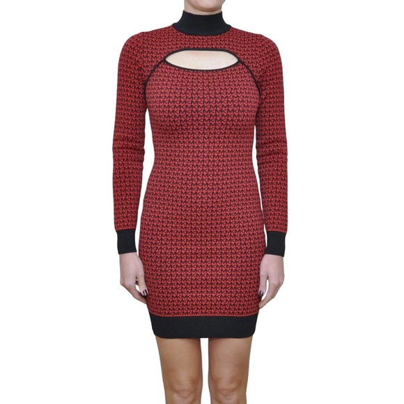 Michael Kors Logo Jacquard Cutout Dress Long Sleeve Mock Neck Red